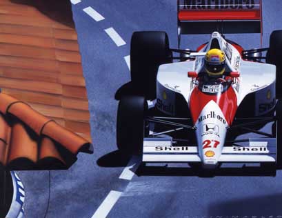 Senna tackles La Rasscasse corner and qualifies on pole at the 1990 Monaco GP. He won the race en route to his second Drivers Championship. McLaren Honda MP4/5B.